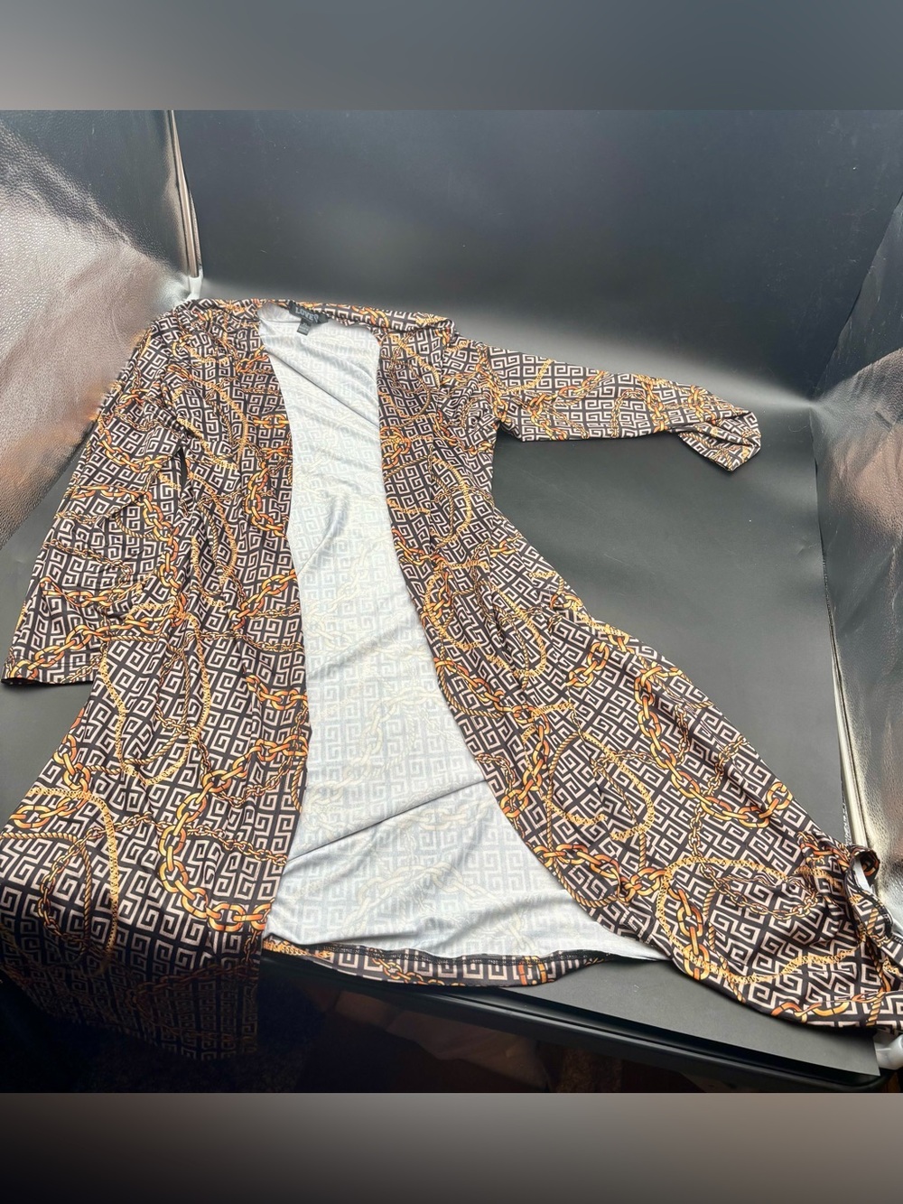 LOVE 83 Greek Key & Gold Chain Print Open Front Duster Cardigan XL Great Cond